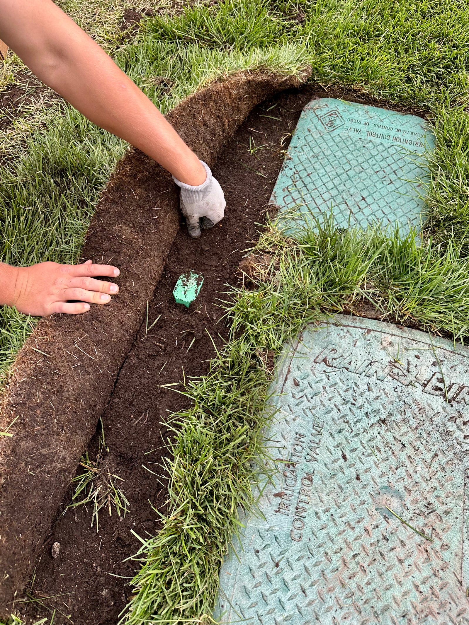 Soil moisture sensor beside an irrigation controller
