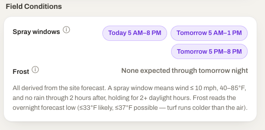 MODURA field conditions card: spray windows today and tomorrow, no frost expected