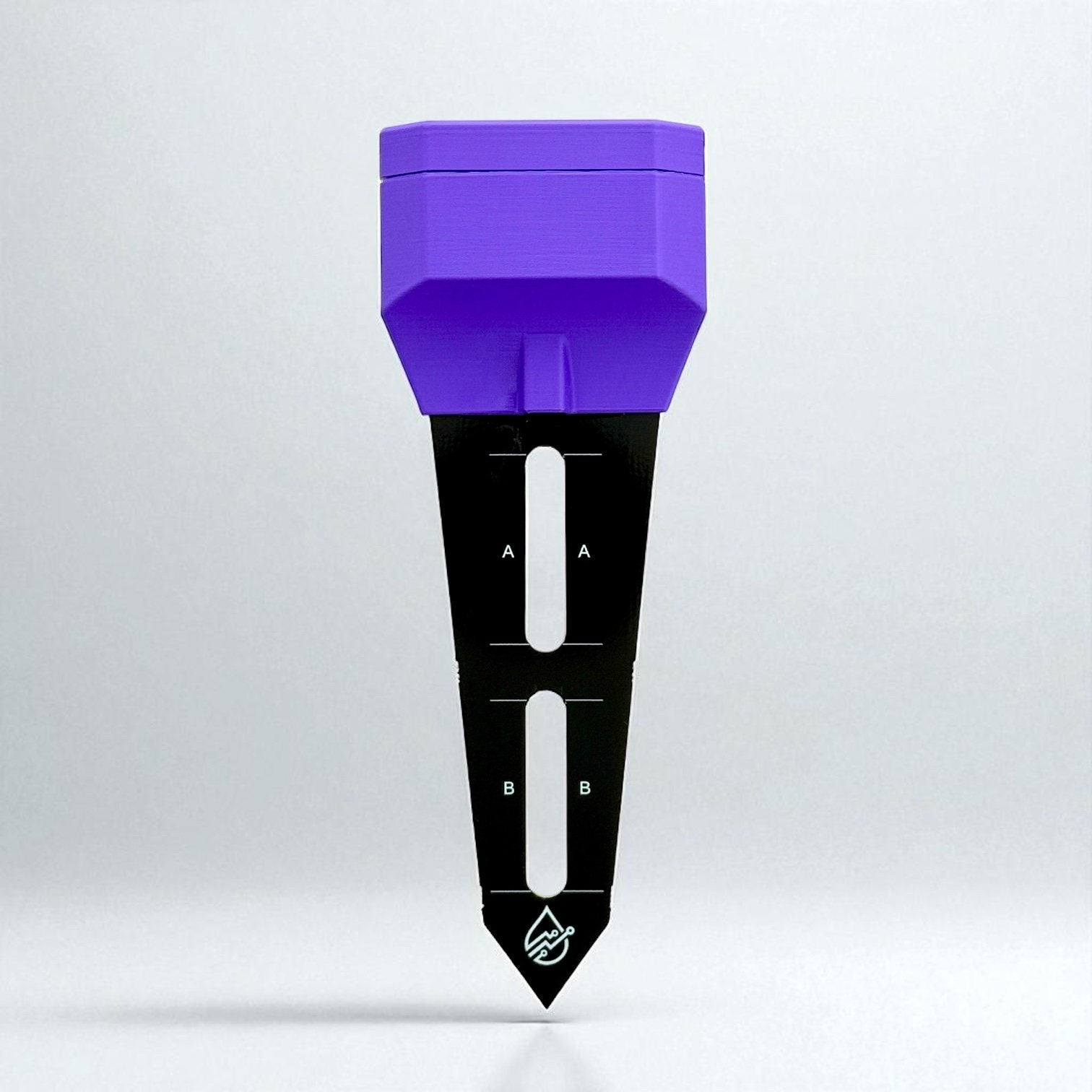 BLADE soil moisture sensor: purple hexagonal housing above a black blade-shaped probe marked A and B
