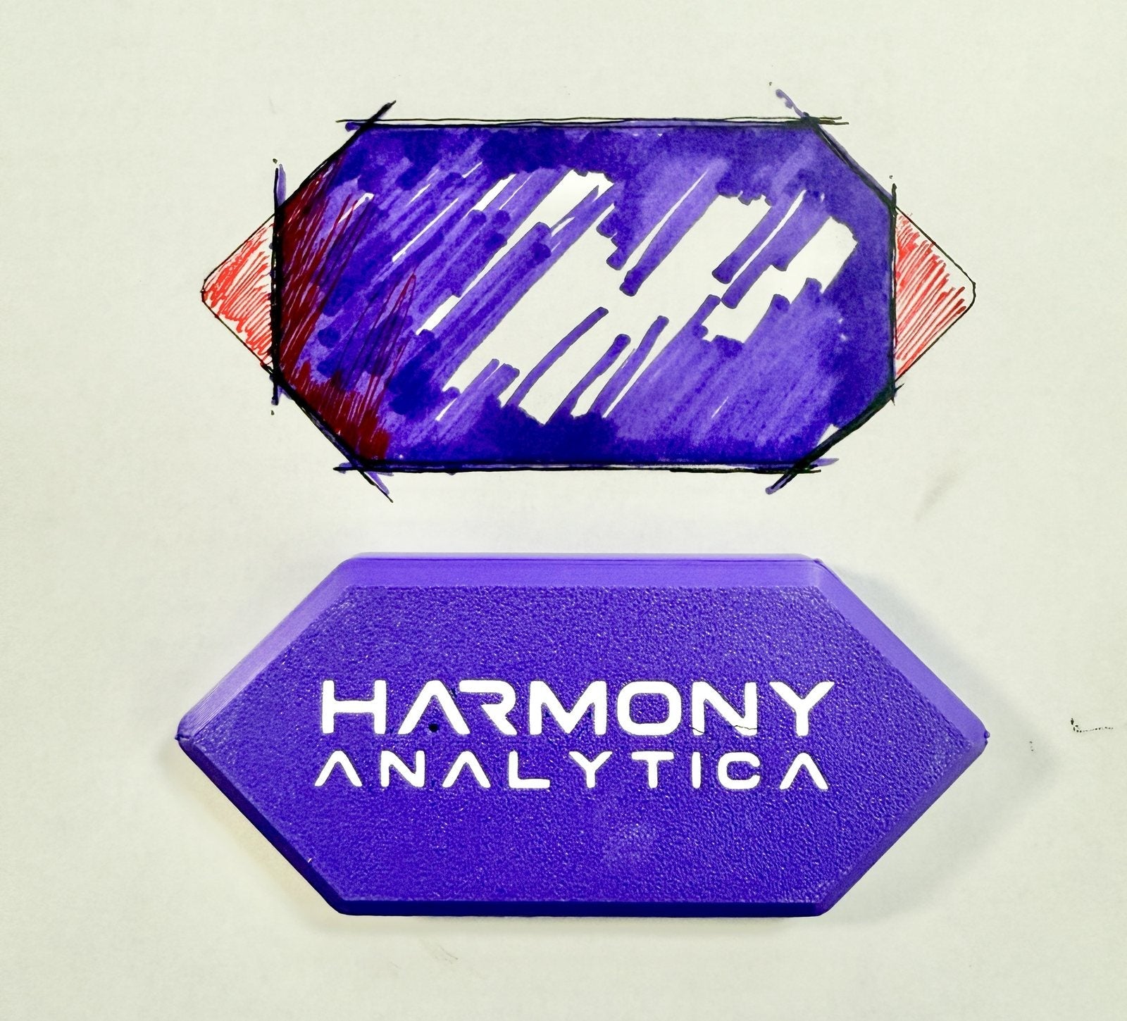 Marker sketch of the hexagonal housing above the finished 3D-printed purple top